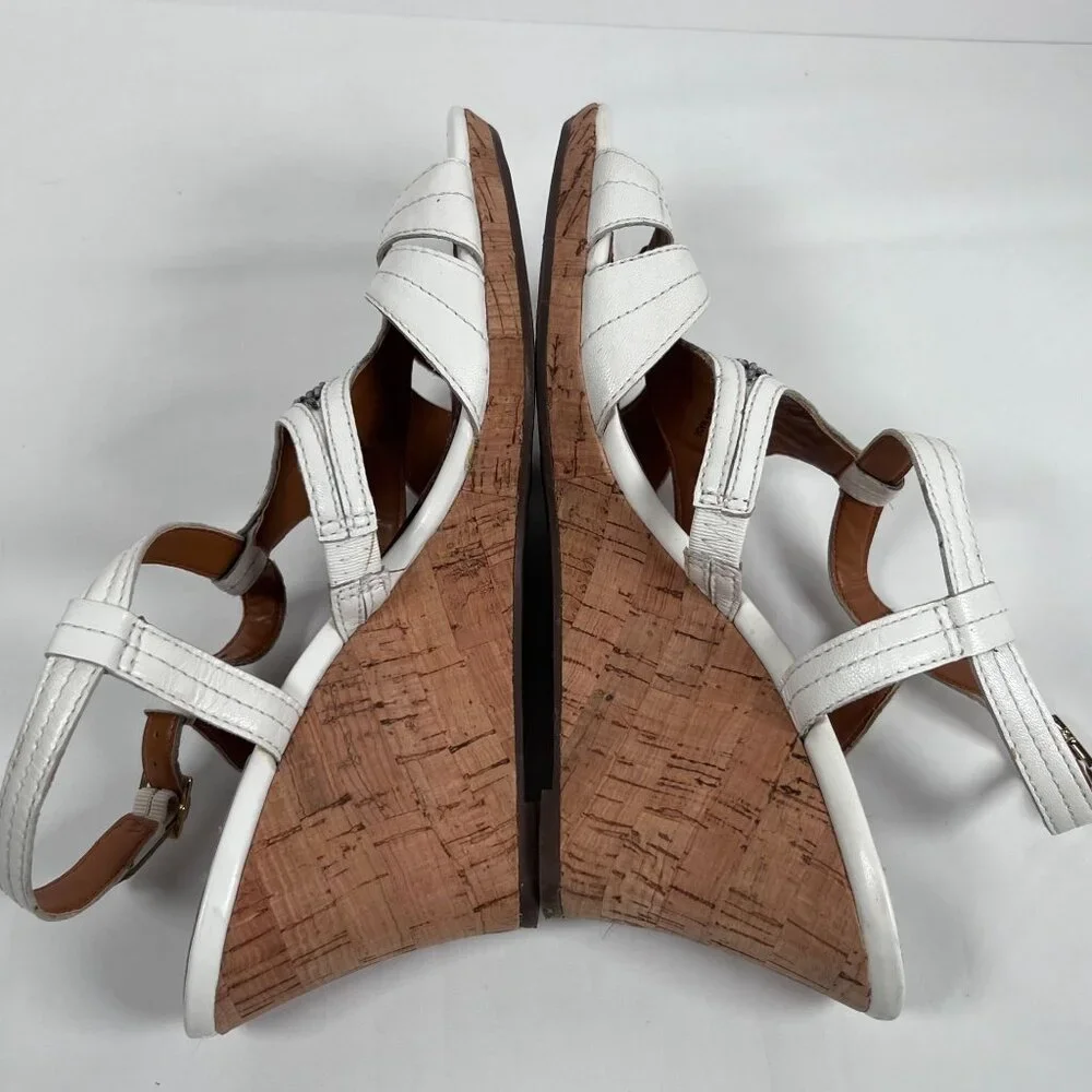Clarks Bendables White Leather Sandals Wedge Cork‎ Heel Open Toe Womens 9